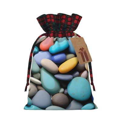SSIMOO Colored Pebbles Chic Drawstring Christmas Gift Bags,Patchwork Burlap Pull-String Bags,Reusable