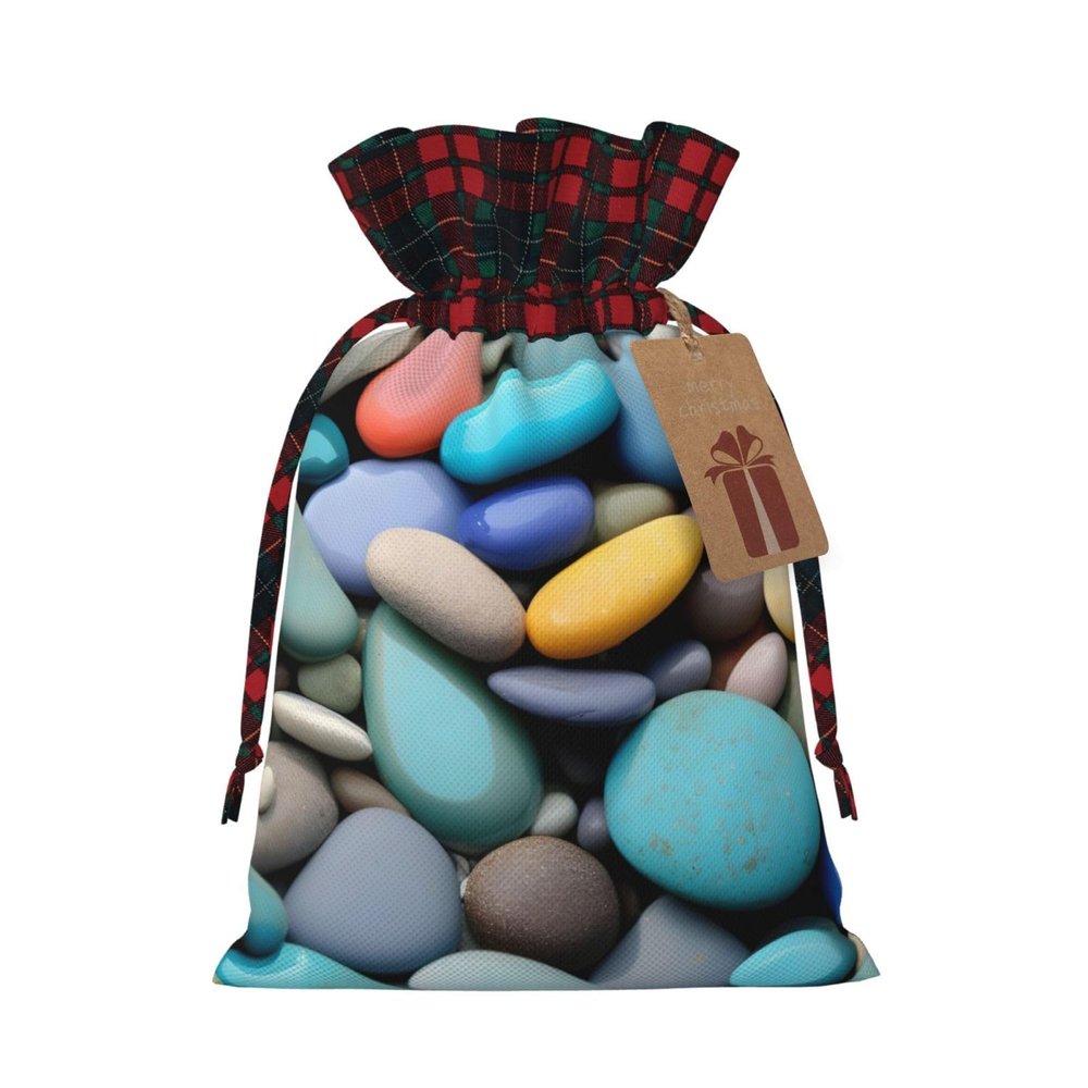 SSIMOO Colored Pebbles Chic Drawstring Christmas Gift Bags,Patchwork Burlap Pull-String Bags,Reusable
