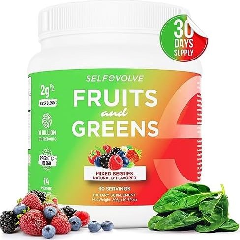 selfevolve Fruits and Greens Organic Probiotic Powder: 30 Servings for Men & Women. Vegan with 10 Billion CFUs, Spirulina, Kale, Spinach, Chlorella, Elderberry, Digestive Enzymes - Probiotics