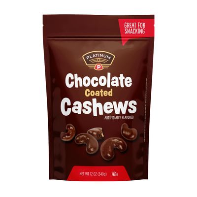 Platinum - Chocolate Coated Cashews 12 oz Resealable Pouch | Chocolate Candy Covered Flavored Cashew, Roasted Nuts | Individual Snack Packs for On the Go, Work, School, Valentines Day