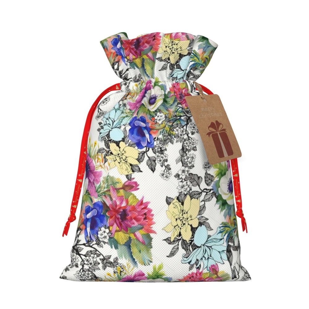 ZISHAK Garden Blossoming Wildflowers Birds Leaves Branches Drawstring Christmas Gift Bag-With Rustic Appeal,For All Your Gift Giving Needs