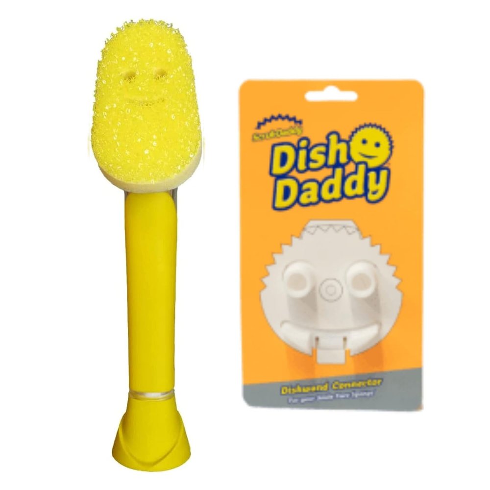 Scrub Daddy Dish Daddy Dish Wand & Connector Head, Soap Dispensing Dish Brush, Texture Changing Washing Up Sponge With Liquid Handle, Dish Sponge with Built-in Scraper, Scrubbing Head & Stand - Yellow