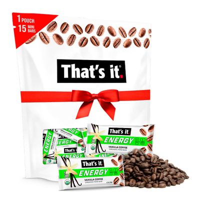 That's it. Organic Energy Coffee Mini Bars-Vanilla Coffee ( 1 Mini Bar = 1 Cup of Coffee ) Grab and GoNo Added SugarsNon-GMOCaffeine Power SnackKosherAllergy Friendly (Vanilla Coffee-15 Pack)