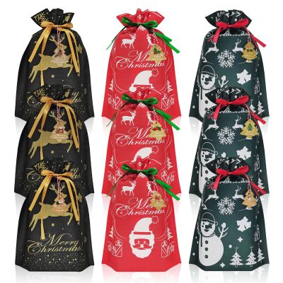 M-sorflly Christmas Gift Bags, 9pcs Medium Size Cloth Christmas Gift Bags in Red, Green, Black with 12 Tags, Reusable Drawstring Christmas Bags for Holiday Gift Wrapping - 10.2 x 14.17 inches