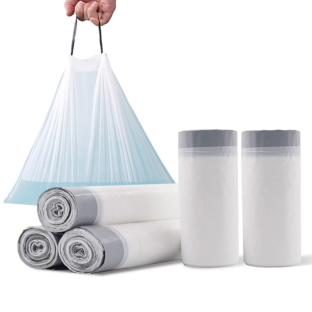 100 PCS Drawstring Trash Bags 10L White Plastic Biodegradable Garbage Bags with String Handle (17.7" x 19.7")