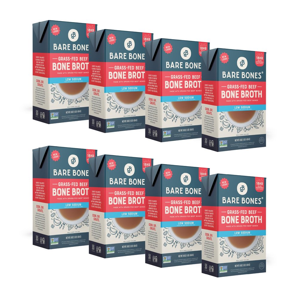 Bare Bones Low Sodium Grass-Fed Beef Bone Broth | Pour w/Pasture Raised Protein & Collagen for Cooking & Sipping | No Artificial Flavors Non-GMO Gluten/Dairy-Free Keto/Paleo Friendly | 16oz | 8 Pack