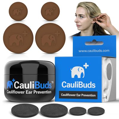 CauliBuds Cauliflower Ear Magnet - Premium Silicone Ear Magnets Cauliflower Ear - Pressure Earrings Magnetic Ears - Treatment in BJJ, Wrestling, MMA, & Rugby - Cauliflower Ear Draining Kit (Brown)