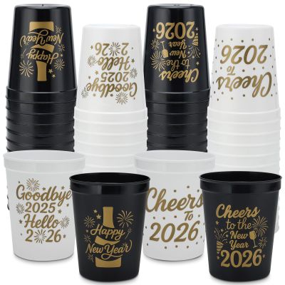 2026 New Year Party Cups - 20-Pack 16oz Reusable Plastic Stadium Cups, 4 Festive Designs for NYE & Holiday Celebrations