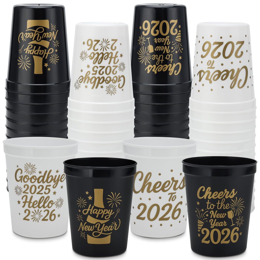 2026 New Year Party Cups - 20-Pack 16oz Reusable Plastic Stadium Cups, 4 Festive Designs for NYE & Holiday Celebrations