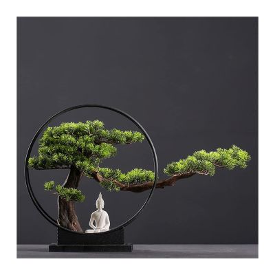 AOKLEY Artificial Bonsai Creative Artificial Bonsai Tree Welcome Pine Ornaments Bonsai Simulation Plant Living Room Entrance Decorations Ceramic Figure Buddha Ornaments for Home Office (Color : B)