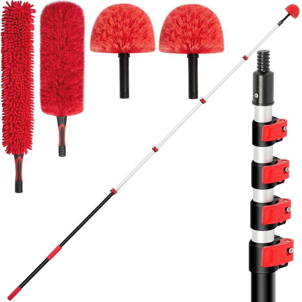 7-24 FT Extension Pole with 2 Outdoor Cobweb Brushes, 30 FT High Reach Ceiling Fan Cleaner Duster for Home, 24 FT Extendable Pole with 4 Pcs Dusting Tools, Cubweb Dusters, Feather Dusters, Fan Duster