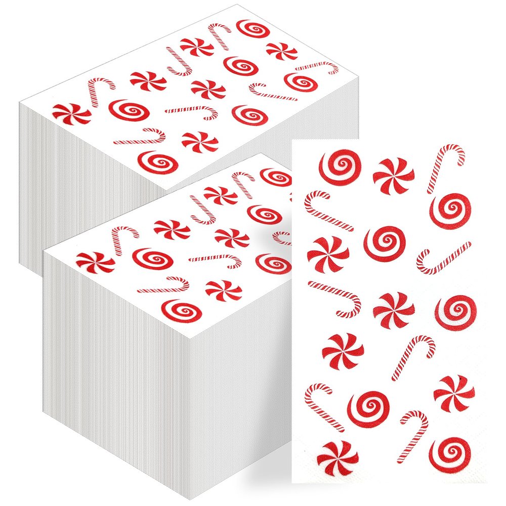 200 Pack Christmas Guest Napkins - Festive Candy Cane & Candy Design - 2-Ply Disposable Paper Napkins - 16x16 Inch - Ideal for Xmas, Holidays, and Parties