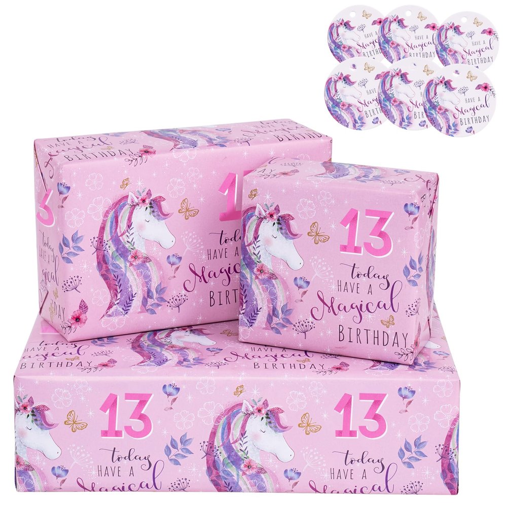 RUSPEPA Birthday Wrapping Paper Sheets with 13 Year Old Pink Pattern Great for Birthday Gift Wrap, 6 Fold on Sheets Each Set, 27 inches x 19 inches