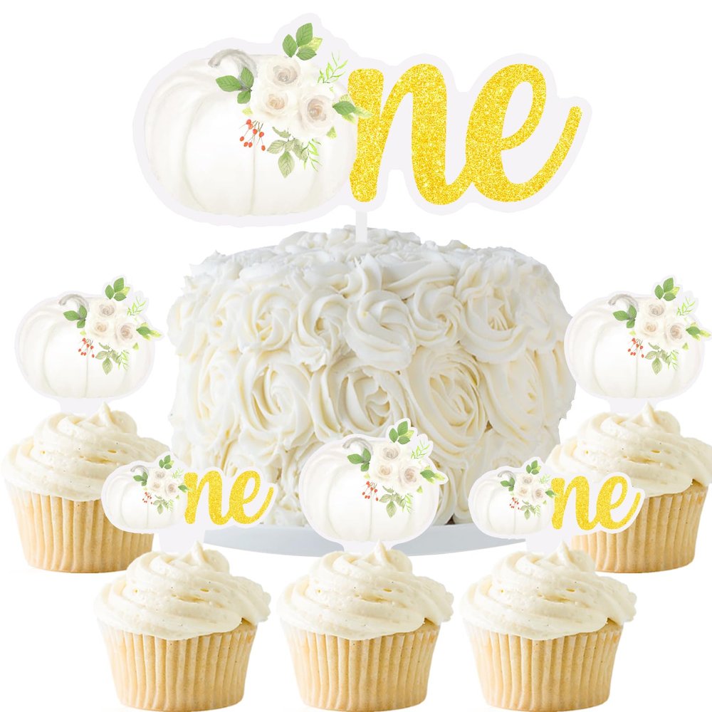 Pumpkin 1st Birthday Cake Topper One Pumpkin Cupcake Toppers Fall First Birthday Party Halloween October Birthday Table Decorations White