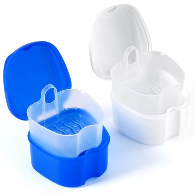 JMU Denture Bath Case with Strainer Basket Soaking Cup & Mouthguard Storage Container (Pack of 2, Navy Blue, White)
