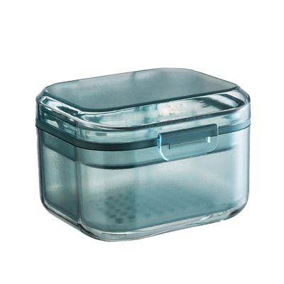 Denture Case, Denture Storage Case Transparent Dustproof Multi Layer Food Grade with Lid Cleaning ABS Denture Cup with Strainer Brush Storage Box for Elderly, Special Birthday Gift Blue