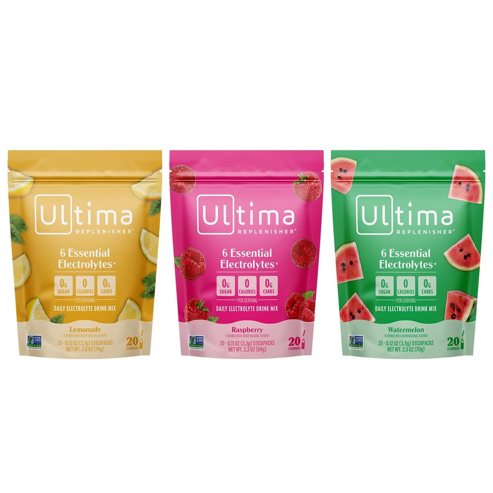 Ultima Replenisher Electrolyte Powder Drink Mix Bundle  Sugar Free  Lemonade and Raspberry and Watermelon, 20 Stickpacks  6 Electrolytes and Minerals  Keto Friendly, Vegan, Non-GMO