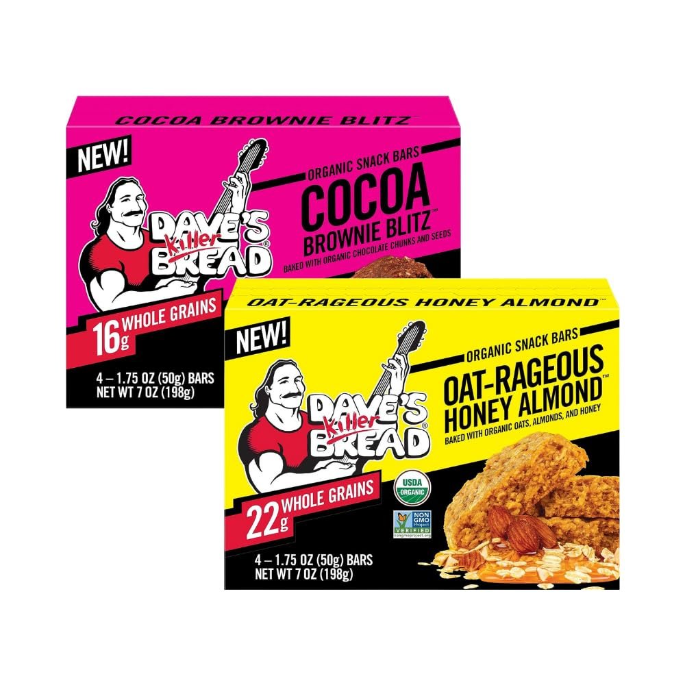 Dave's Killer Bread Organic Snack Bars, Variety Pack (1 Cocoa Brownie Blitz, 1 Oat-Rageous Honey Almond) Pack of 2