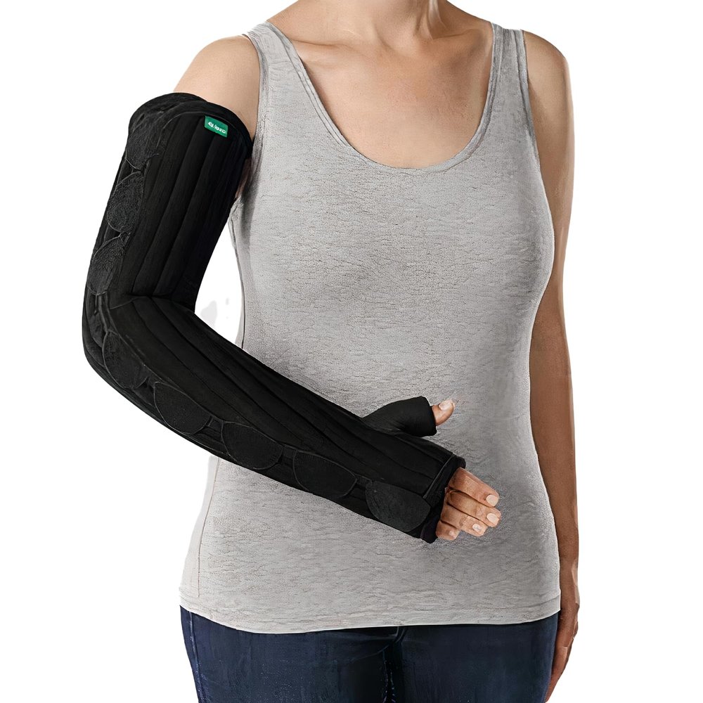 Juzo Night Compression Arm Sleeve | Arm Sleeves for Men/ Women for Mild to Severe Lymphedema & Lipo-Lymphedema | Thumb Guard, Optional Outer Sleeve & Removable Fasteners | Large (4), Left, Long