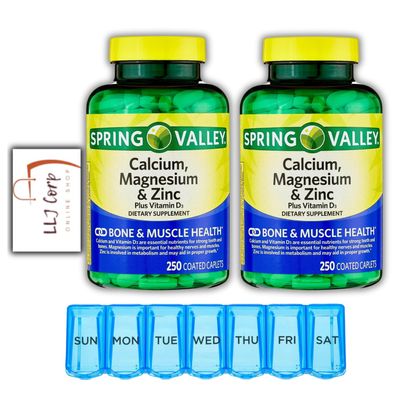 2 Spring Valley Calcium, Magnesium & Zinc Plus Vitamin D3 Coated Caplets, 250 Ct Bundle with Weekly Pill Planner + LLJ Corp Sticker.
