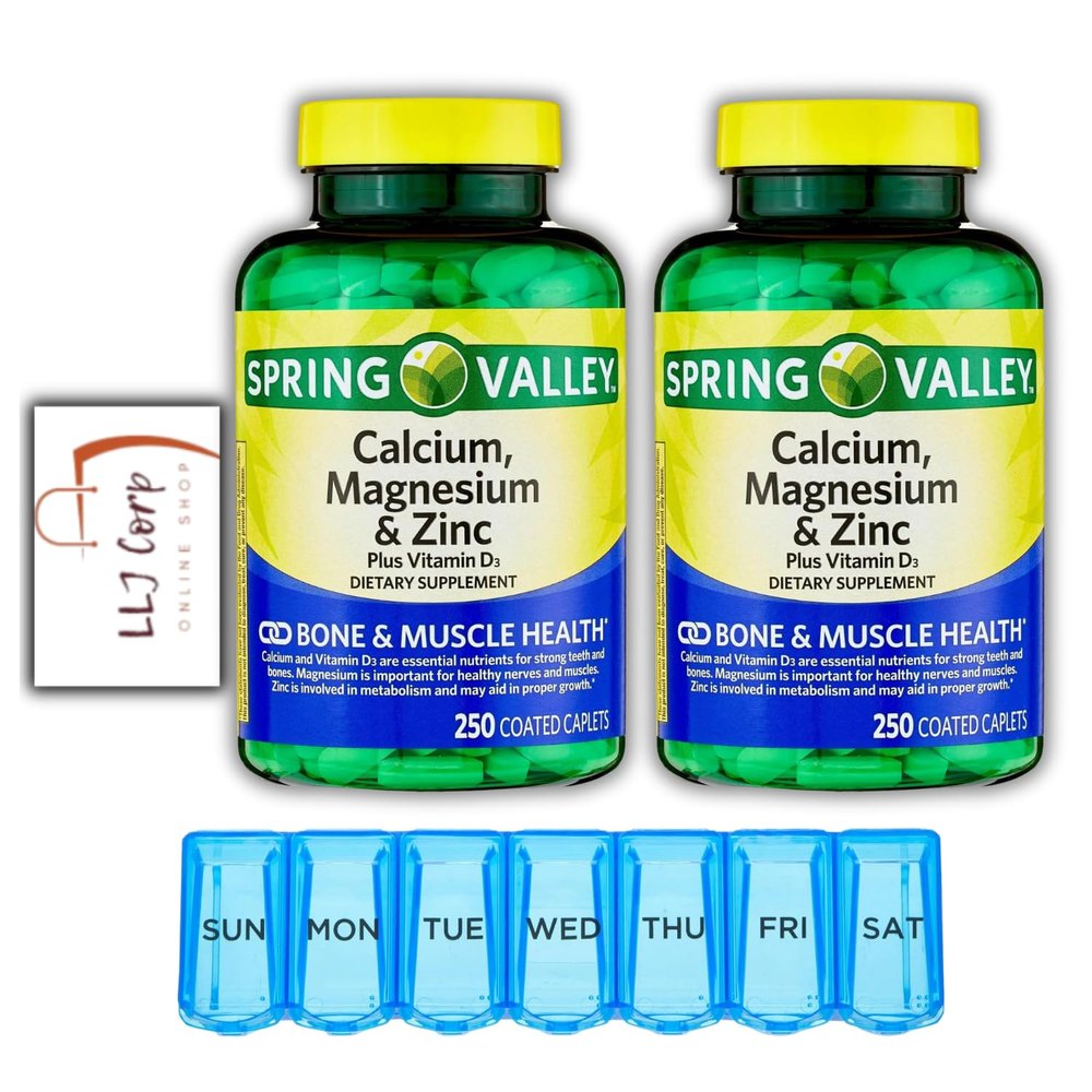 2 Spring Valley Calcium, Magnesium & Zinc Plus Vitamin D3 Coated Caplets, 250 Ct Bundle with Weekly Pill Planner + LLJ Corp Sticker.