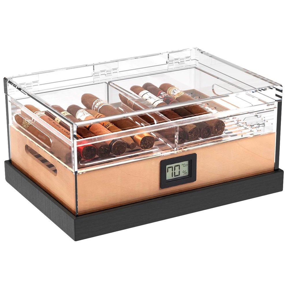 CASE ELEGANCE - Felix Pro Tupperdor - Airtight Acrylic Humidor, Two Acrylic Trays, Spanish Cedar Tray, Ash Wood Base, Digital Hygrometer, Acrylic Divider - Holds 50-60 Cigars