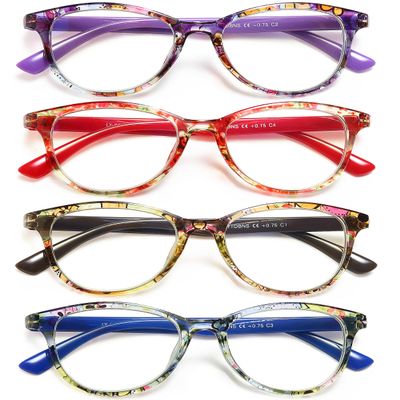 YTDBNS Fashion Cat Eye Reading Glasses for Women, 4-Pack Floral Pattern Readers with Spring Hinges, Lightweight Comfortable Frame, Anti Eyestrain Cheaters