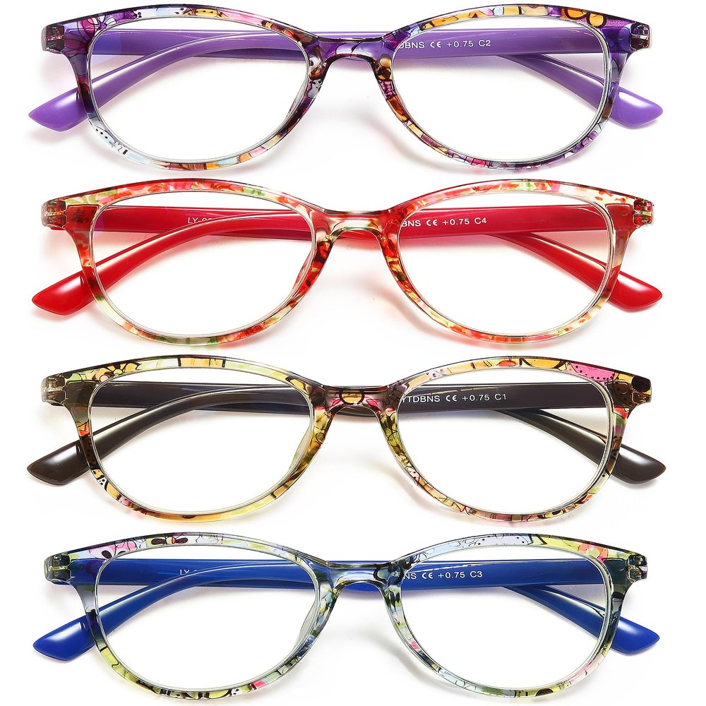 YTDBNS Fashion Cat Eye Reading Glasses for Women, 4-Pack Floral Pattern Readers with Spring Hinges, Lightweight Comfortable Frame, Anti Eyestrain Cheaters