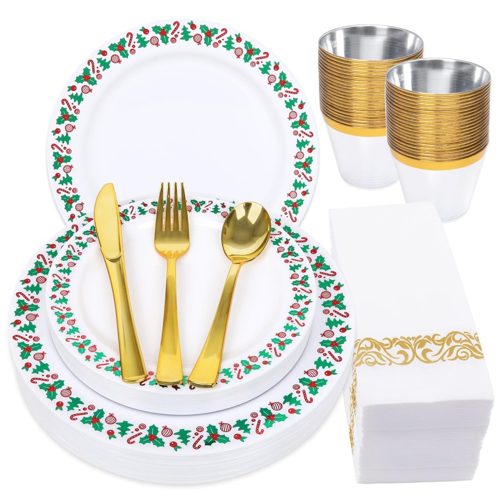 175pcs Christmas Party Supplies - 25 Plastic Plates, 25 Gold & Silver Disposable Plastic Silverware, Clear Gold Cups for Christmas
