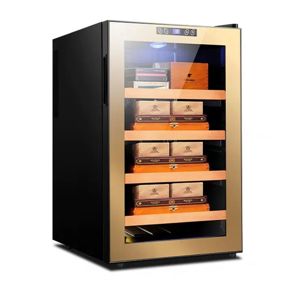 ASSYA Cigar Humidor Temperature-Controlled Humidor Cigar Box Four-Ply Cedar Shelf Insulated Glass Recirculating Air Cooling Touch Display,Gold