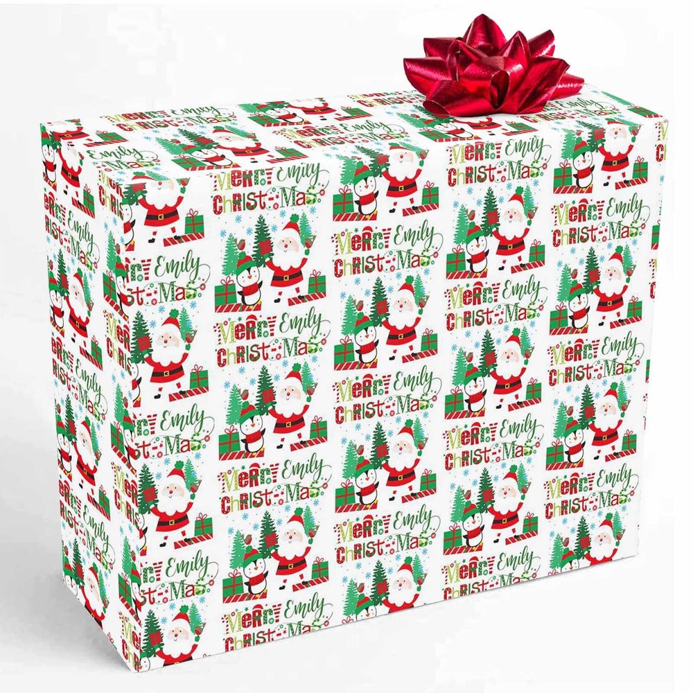 InterestPrint Personalized Gift Wrapping Paper with Name, Gift Box Snow Santa Claus Wrapping Paper Roll 58x23 Inch Custom New Year Wrap Paper for Women Men Adults 2 Rolls