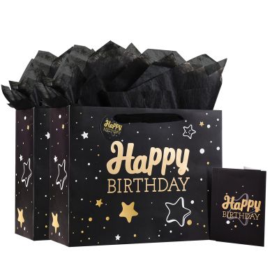 13" Black Happy Birthday Gift Bag with Tissue Paper and Greeting Card for Party,Happy Birthday Gift Bag for Men Women,Gift Bags Medium size(2 PCS Black Hot Stamping)
