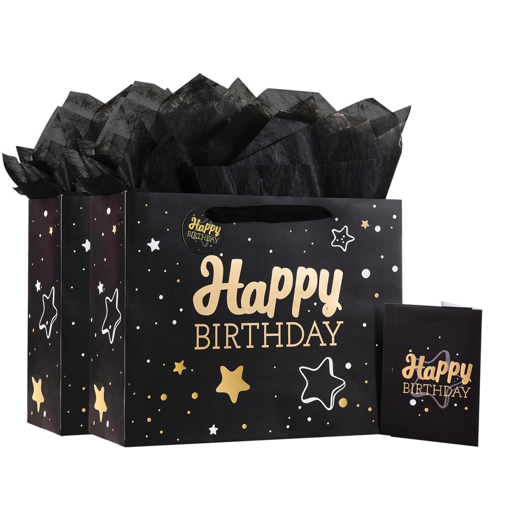 13" Black Happy Birthday Gift Bag with Tissue Paper and Greeting Card for Party,Happy Birthday Gift Bag for Men Women,Gift Bags Medium size(2 PCS Black Hot Stamping)