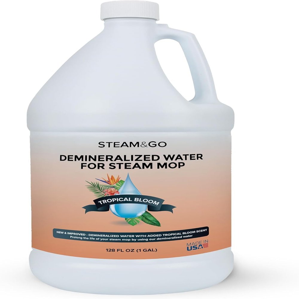 Steam & Go Demineralized Water for Steam Cleaner - PVC-Free Floor Cleaning Solution Compatible for All Steam Mops - Multi-Surface Cleaner for Home Surfaces - Tropical Bloom Scent, 128 Fl oz