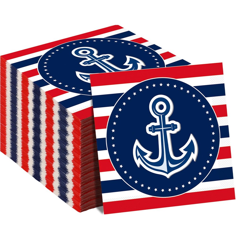 50 Pack Nautical Anchor Disposable Napkins - Sailor, Boat, Ship Party Paper Napkins for Boy, Girl, Baby Shower Decorations
