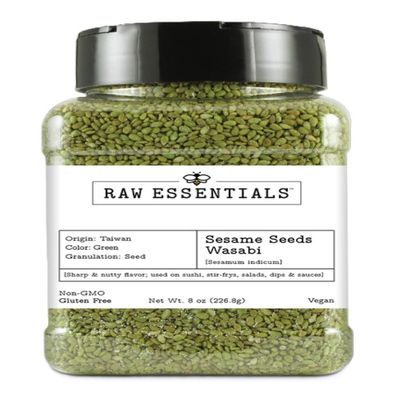 Raw Essentials Wasabi Sesame Seeds Bold, Nutty Flavor with a Spicy Kick for Sushi, Stir-Fries, Salads, and More Non-GMO, Vegan, and Gluten Free 8 Ounce Bottle