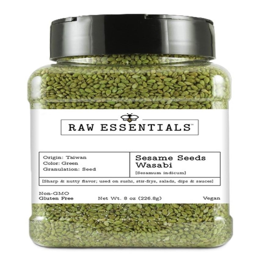 Raw Essentials Wasabi Sesame Seeds Bold, Nutty Flavor with a Spicy Kick for Sushi, Stir-Fries, Salads, and More Non-GMO, Vegan, and Gluten Free 8 Ounce Bottle