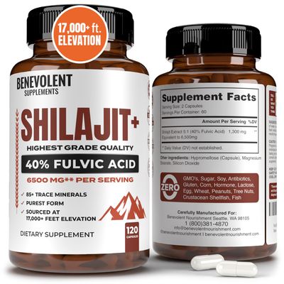 6,500mg Shilajit Supplement with 40% Fulvic Acid (High Absorption) | Shilajit Mineral Supplement with 85+ Trace Minerals for Energy, Performance & Immune Health - 120 Capsules