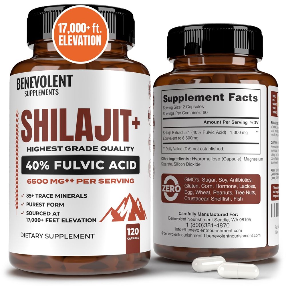 6,500mg Shilajit Supplement with 40% Fulvic Acid (High Absorption) | Shilajit Mineral Supplement with 85+ Trace Minerals for Energy, Performance & Immune Health - 120 Capsules