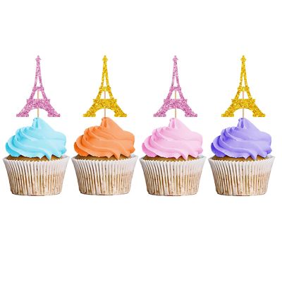 24PCS Eiffel Tower Cupcake Toppers, Wedding Party Decor, Bridal Shower Dessert Cupcake Toppers, Paris Themed Birthday Party Decoration - Pink & Gold Glitter