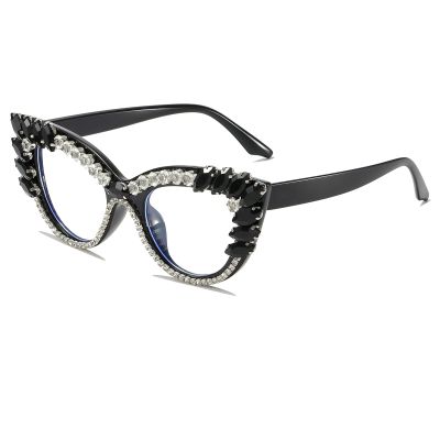 LJCZKA Rhinestone Cat Eye Glasses Women Retro Diamond Bling Shiny Cateye Blue Light Blocking Glasses Computer Eyeglasses (Black Diamond Clear)