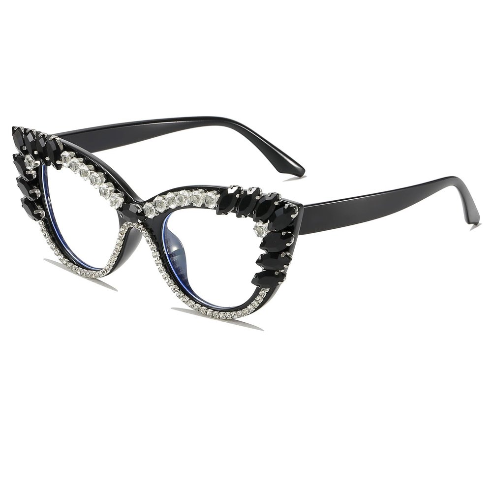 LJCZKA Rhinestone Cat Eye Glasses Women Retro Diamond Bling Shiny Cateye Blue Light Blocking Glasses Computer Eyeglasses (Black Diamond Clear)