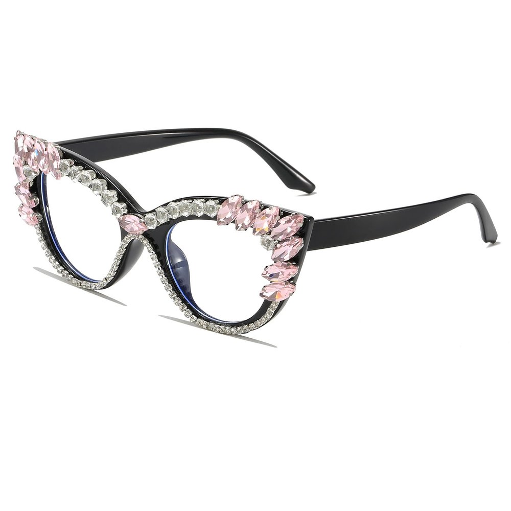LJCZKA Rhinestone Cat Eye Glasses Women Retro Diamond Bling Shiny Cateye Blue Light Blocking Glasses Computer Eyeglasses (Pink Diamond Clear)