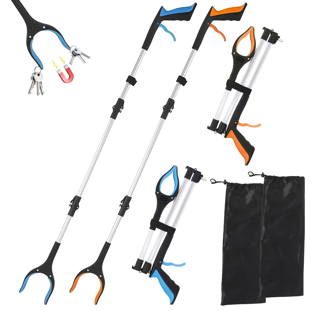 43" Grabber Tool, 2Pack Extra Long Grabber Reacher with Magnetic Tip,Foldable Grabbers for Elderly Grab It Reaching Tool,360 Rotating Jaw 4" Wide Claw Opening Grabber Reacher Tool Heavy Duty