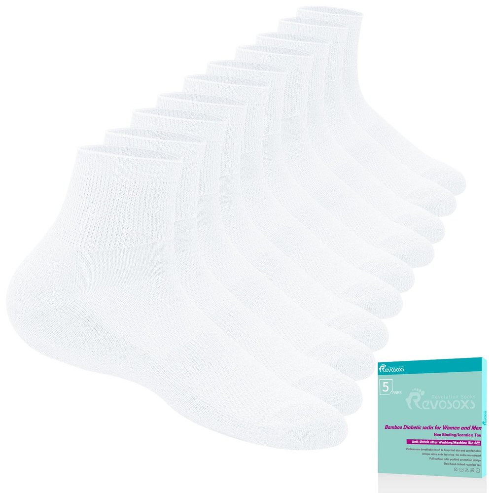 Revosoxs Diabetic Socks for Women Men,5 Pairs Non Binding Diabetic Ankle Socks,Wide Stretchy Loose Seamless Socks 7-9 9-11(White-Large)