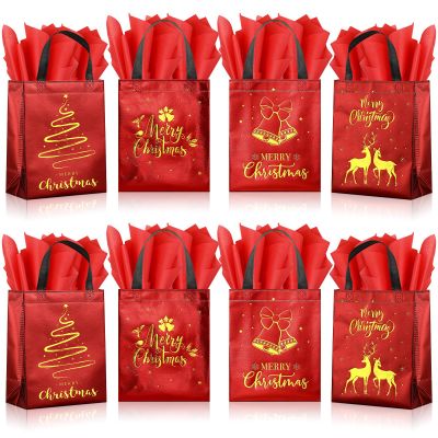 24 Pack Christmas Gift Bags with Tissues, Red Medium Reusable Christmas Tote Bags with Handles, Metallic Gold Foil Goodie Bags Non Woven Gift Bag Bulk for Xmas Holiday Party Favors, 5x8x10 Inch