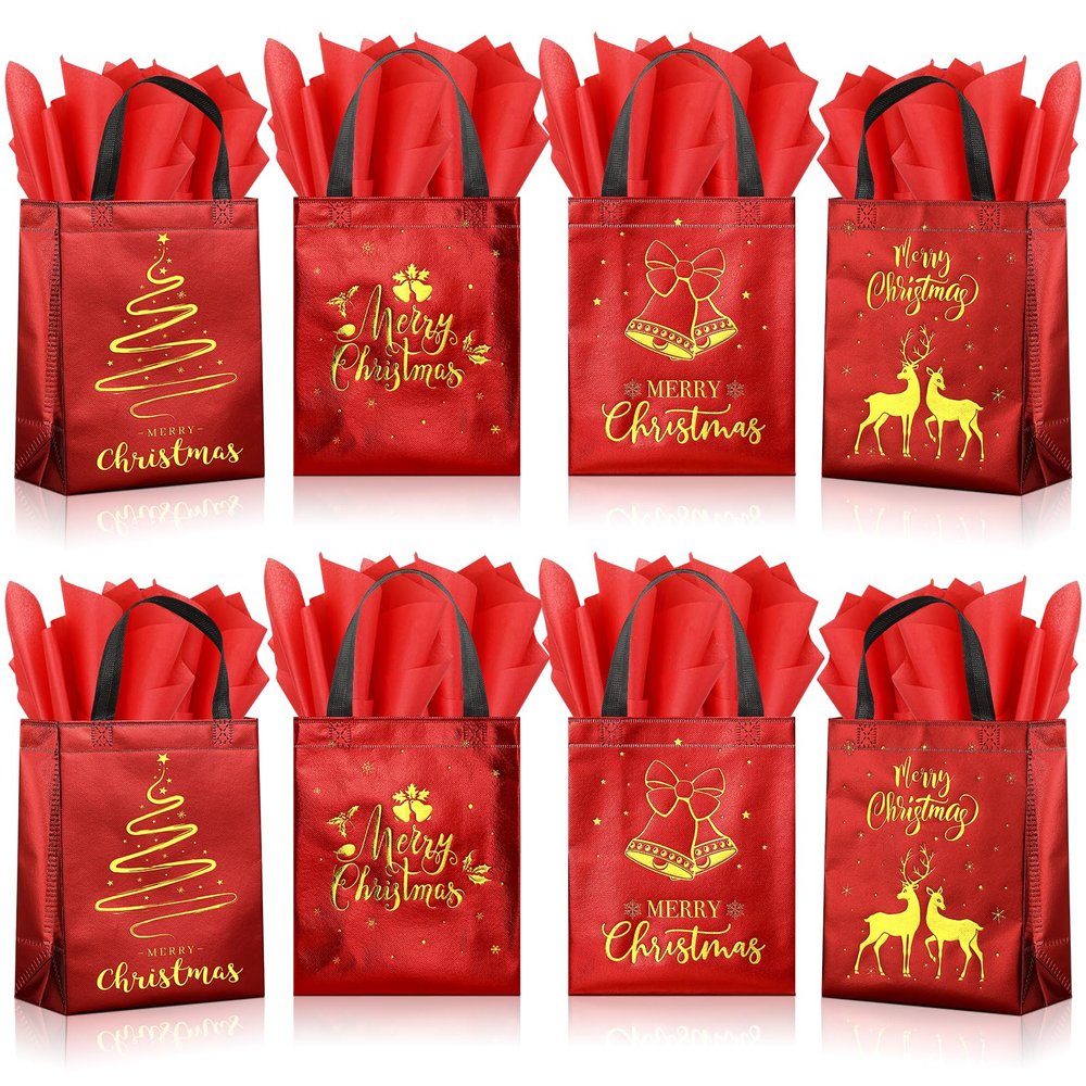 24 Pack Christmas Gift Bags with Tissues, Red Medium Reusable Christmas Tote Bags with Handles, Metallic Gold Foil Goodie Bags Non Woven Gift Bag Bulk for Xmas Holiday Party Favors, 5x8x10 Inch