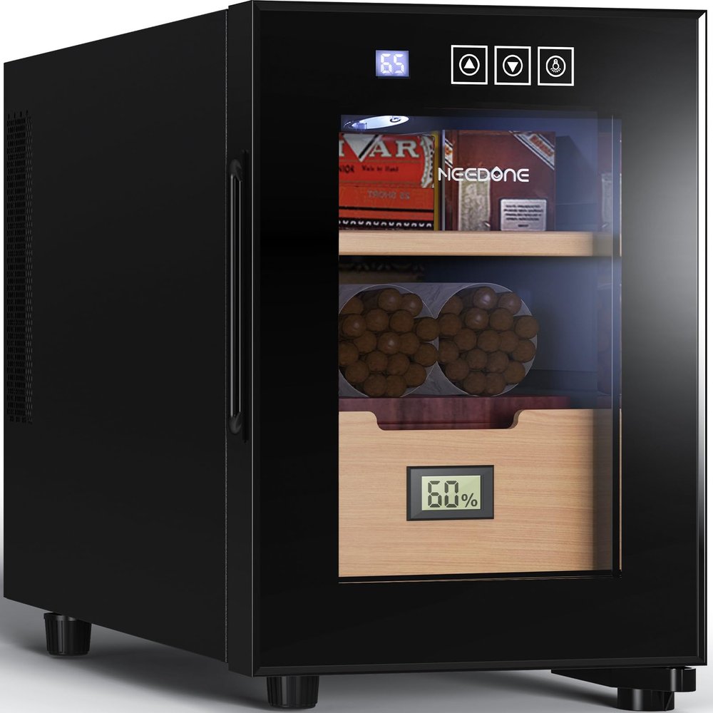 NEEDONE Electric Cooler Humidor 16L, Large Cabinet for 100 Counts with Spanish Cedar Wood Shelves & Drawer with Hygrometer, Quiet Operation, LED Lighting, Cooling Function, Gift for Men