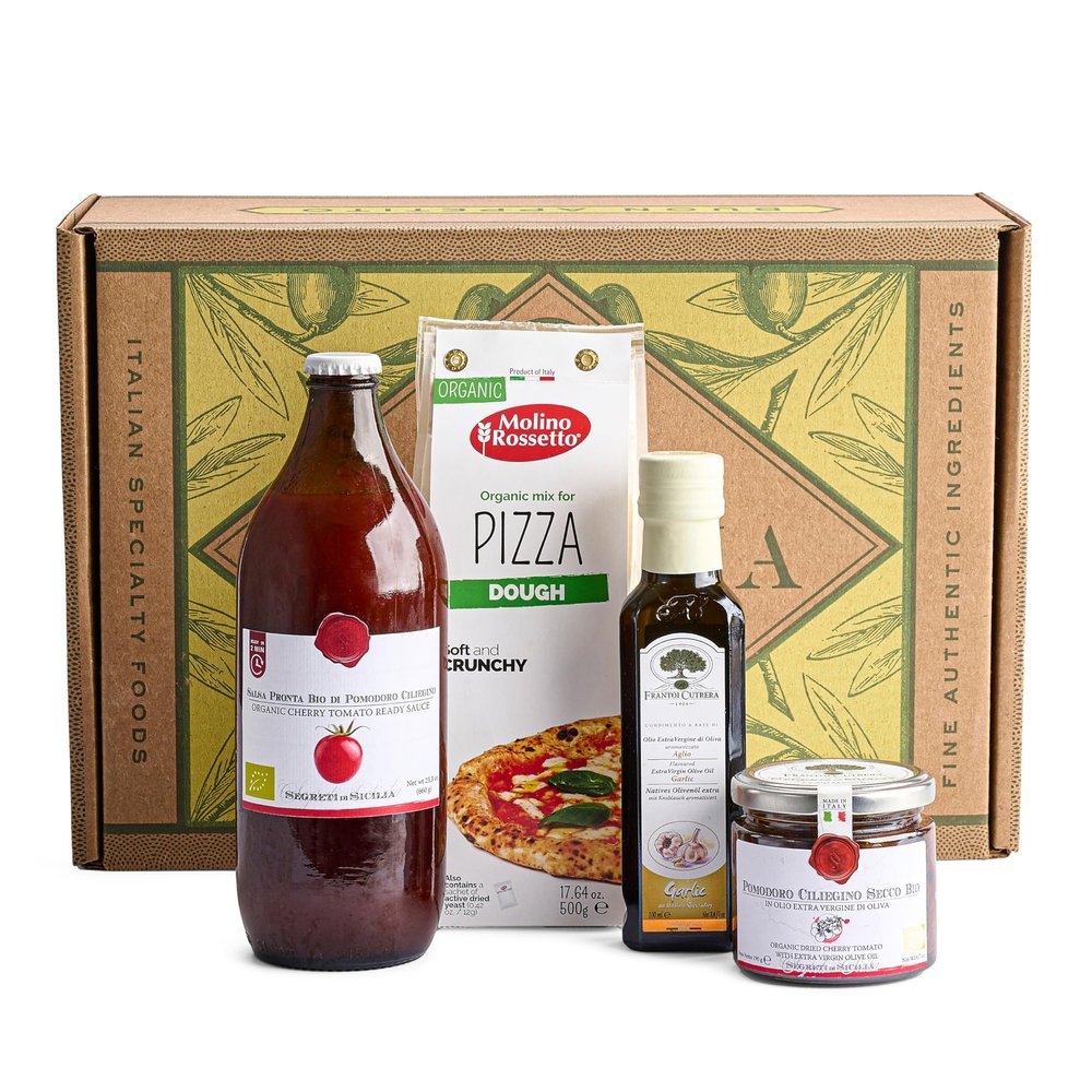 Mercato di Bellina Organic Pizza Kit Gift Basket - Authentic Homemade Pizza Making Kit for Home Chefs, Italian Gift Basket Includes Organic Crust Mix, Sauce, Garlic EVOO & Sun-Dried Tomatoes