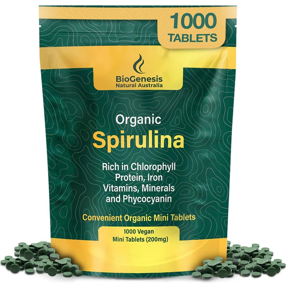 Biogenesis Organic Spirulina Mini Tablets  1000 Count (200mg) | Australian Grown Blue-Green Algae | Rich in Phycocyanin, Chlorophyll & B Vitamins | Supports Daily Energy & Immunity | Vegan Mini Tabs